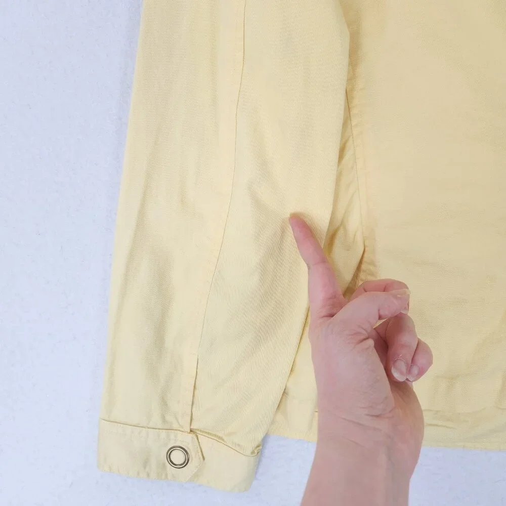Chicos Jacket Womens 2 Yellow 12 Snap Front Ruffle Utility Casual Classic